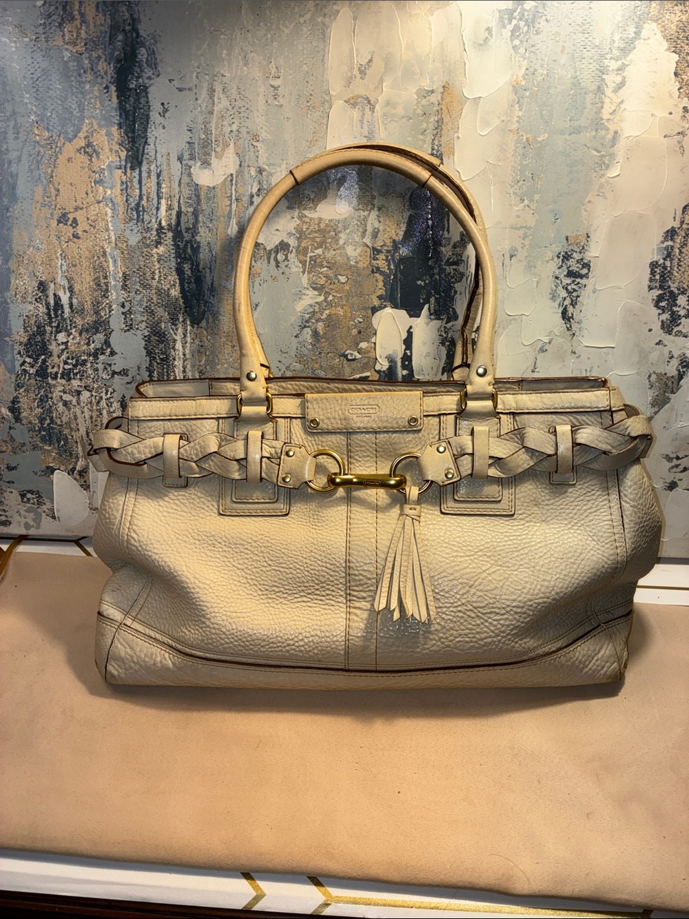 Genuine Vintage Coach Hampton 2006Cream Leather Tote with Braided Trim